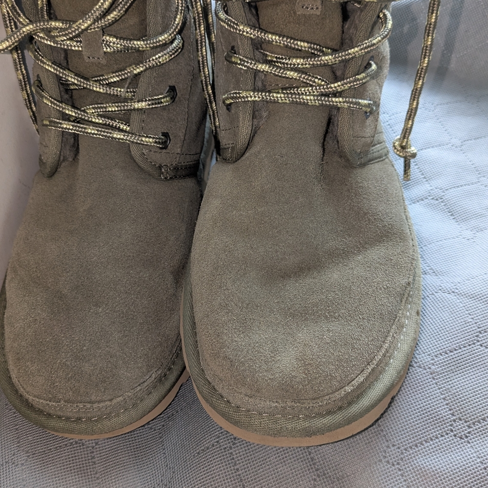 UGG Women's Lace-Up Suede Boots in Olive Green with Tan Soles